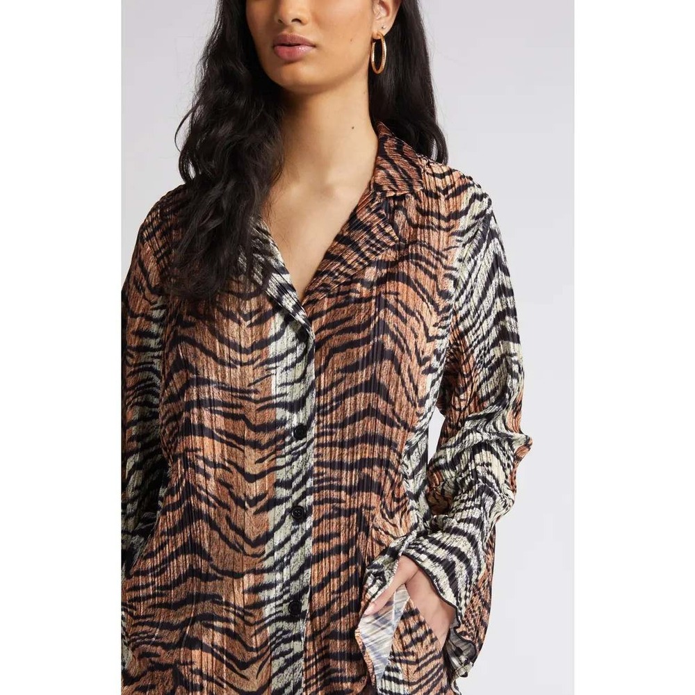 Dressed in Lala Tiger Print Plisse Top Womens Large Brown Black Pleated Blouse